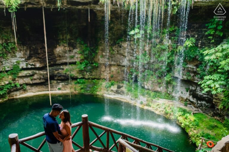 Couple session in a cenote with a waterfall, WPJA Diamond Award